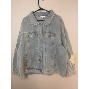 Chic Soul 3X Light Wash Denim Jacket Distressed Star Patches Oversized